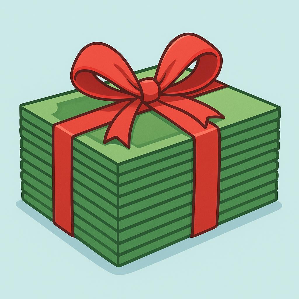 A thick, neat stack of generic, solid green rectangular banknotes tied together with a simple red ribbon.