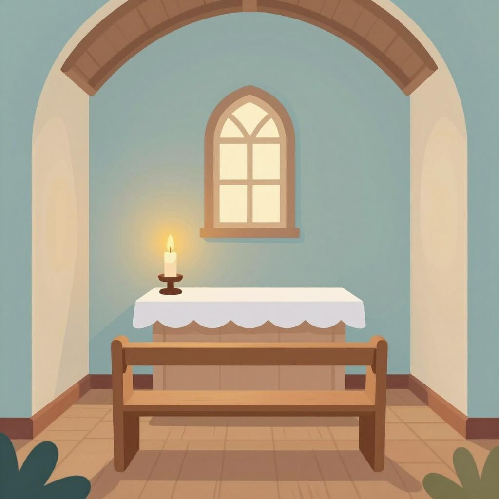 Uma pequena sala de oração pacífica localizada atrás de um altar de igreja com uma única vela e um pequeno banco de madeira.