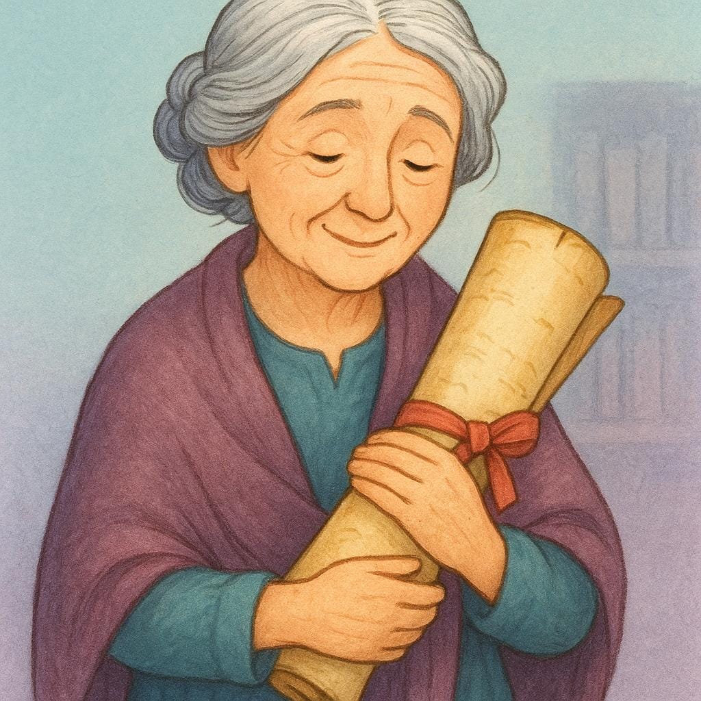 優しそうな目をした年配の女性が、伝統の保護を象徴する大きなアンティークの巻物を胸にそっと抱いている。