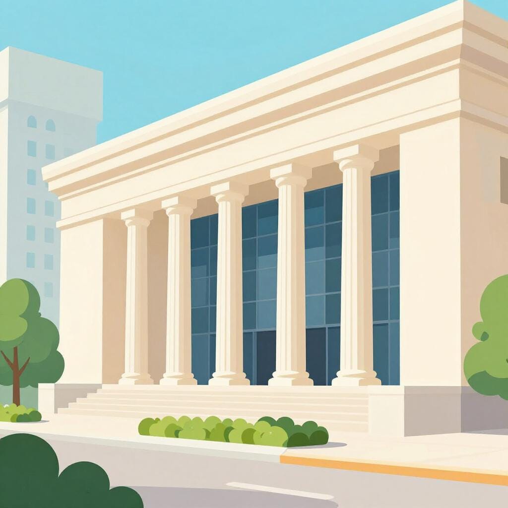 A large, sturdy stone building with a flag on top, representing a new institution.