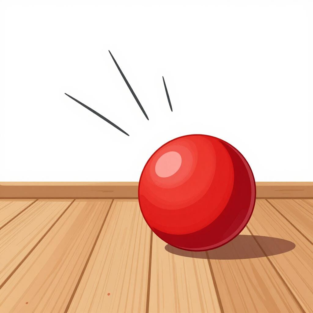 Ein bunter Gummiball trifft auf einen Holzboden und springt zurück in die Luft.