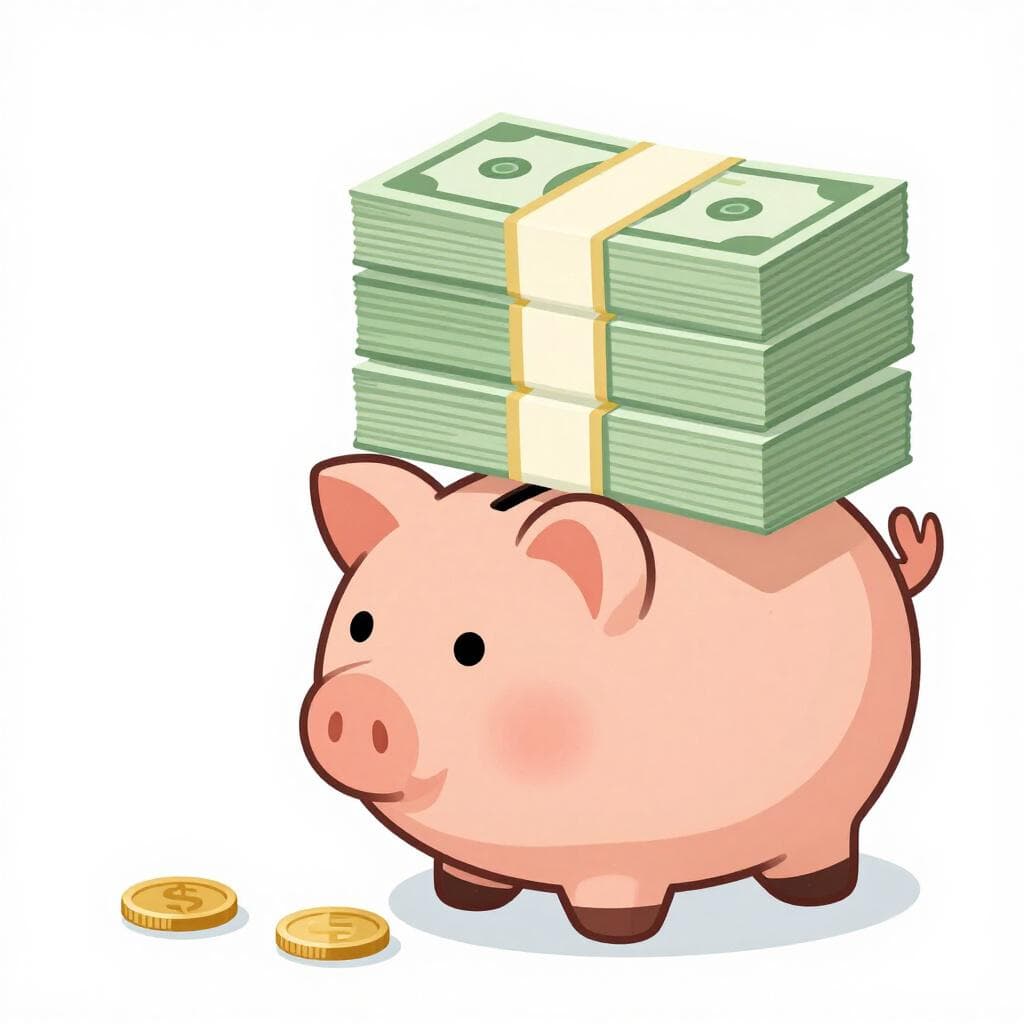 Une tirelire avec une seule petite pièce à l'intérieur, à côté d'une pile de factures impayées.