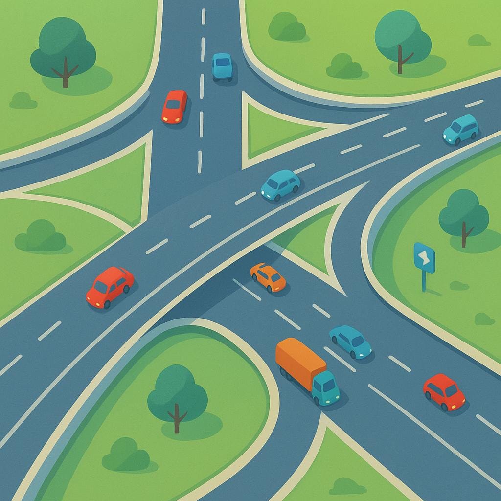 A high-angle, simple illustration of curved highway ramps connecting two major roads, forming a road junction or interchange.