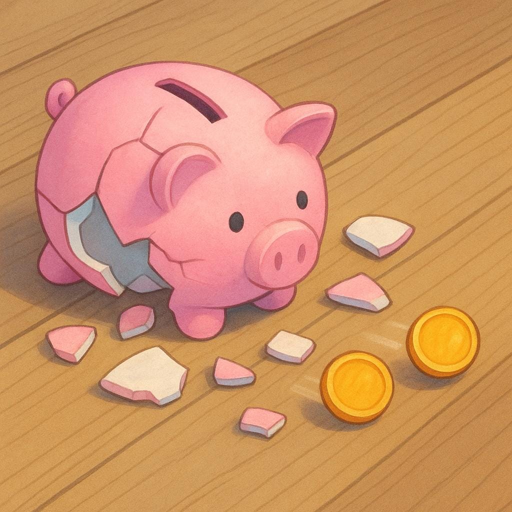 A shattered ceramic piggy bank lying on a floor, with scattered coins rolling away, symbolizing financial loss or downfall.