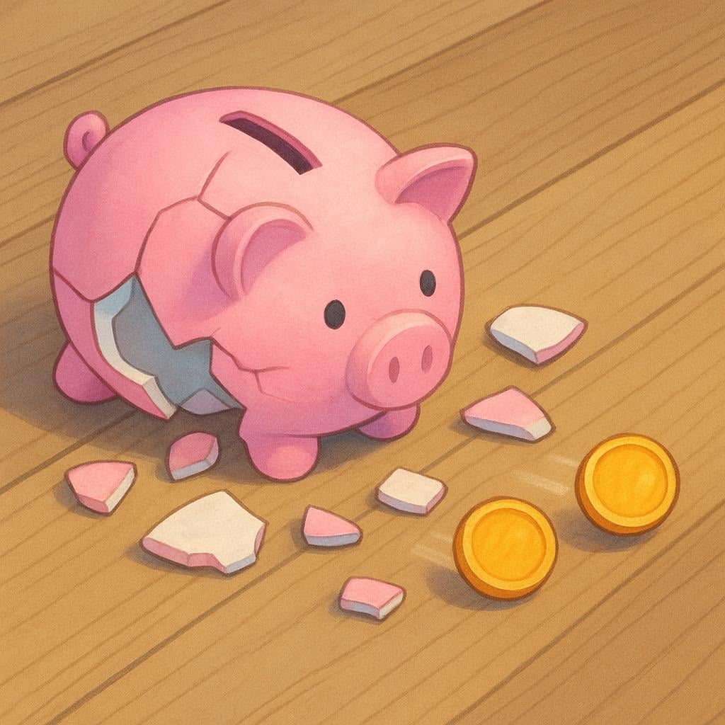 A shattered ceramic piggy bank lying on a floor, with scattered coins rolling away, symbolizing financial loss or downfall.