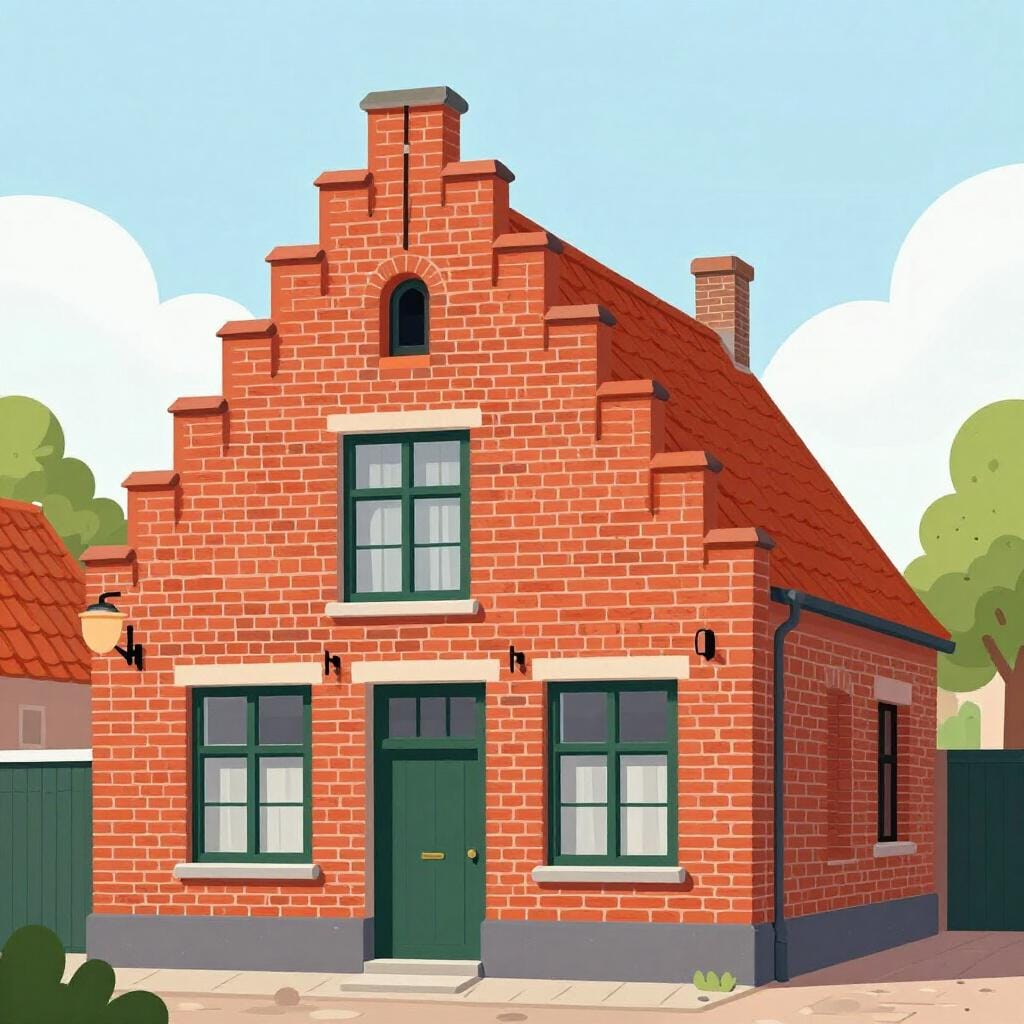 A traditional brick house with a stepped gable roof characteristic of Flanders.