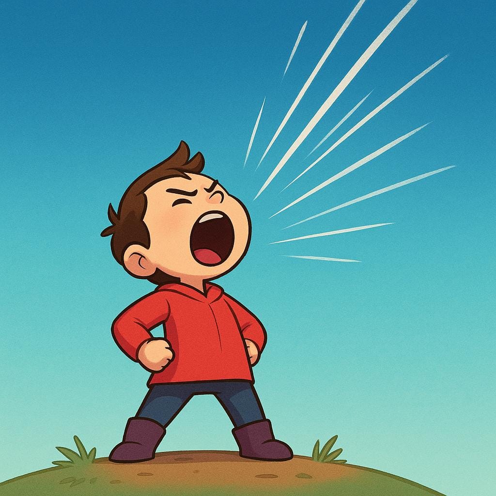 A cartoon figure standing on a small hill, cupping their hands around their mouth and shouting loudly, illustrated by strong visual lines indicating sound waves.
