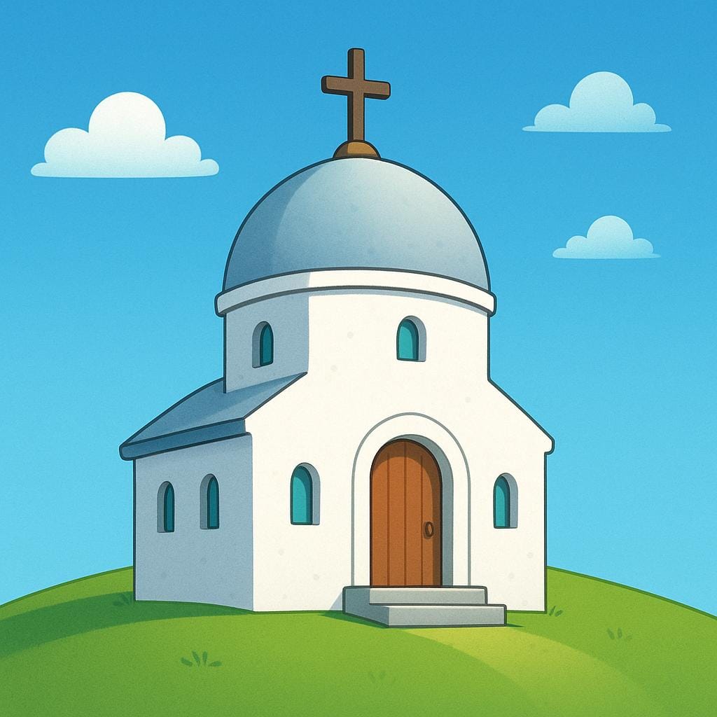 A stylized illustration of a white religious building featuring a large dome and a cross on its roof, set against a bright blue sky.