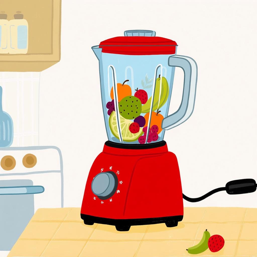 A bright red electric blender actively mixing colorful fruits and liquids, demonstrating a machine that is functioning.