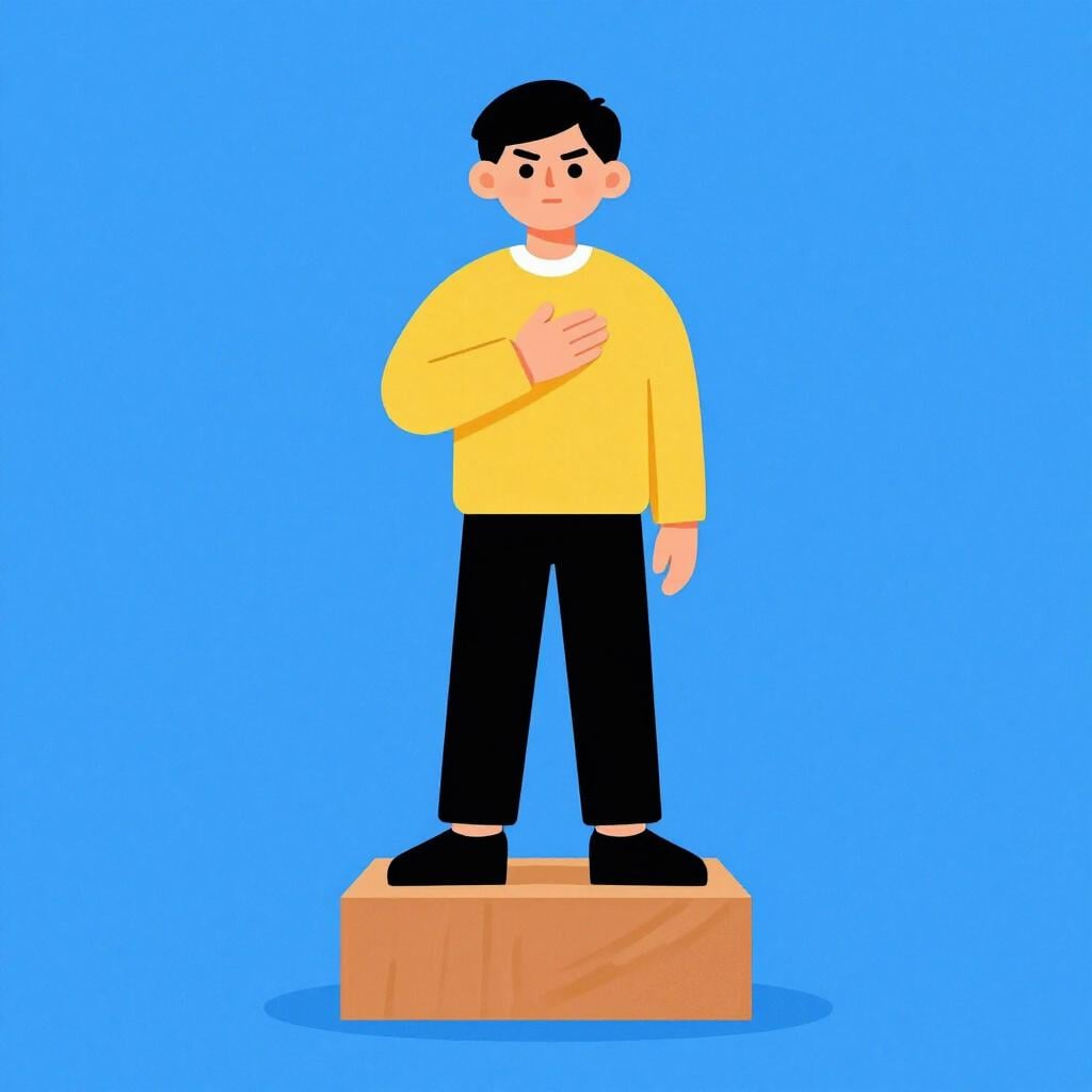 Een persoon die zelfverzekerd op een podium staat, met een hand op het hart, knikkend.