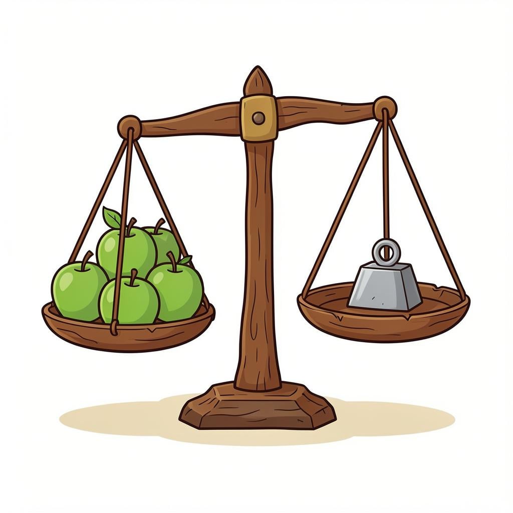 A wooden crate filled with several green apples sitting on a simple scale.