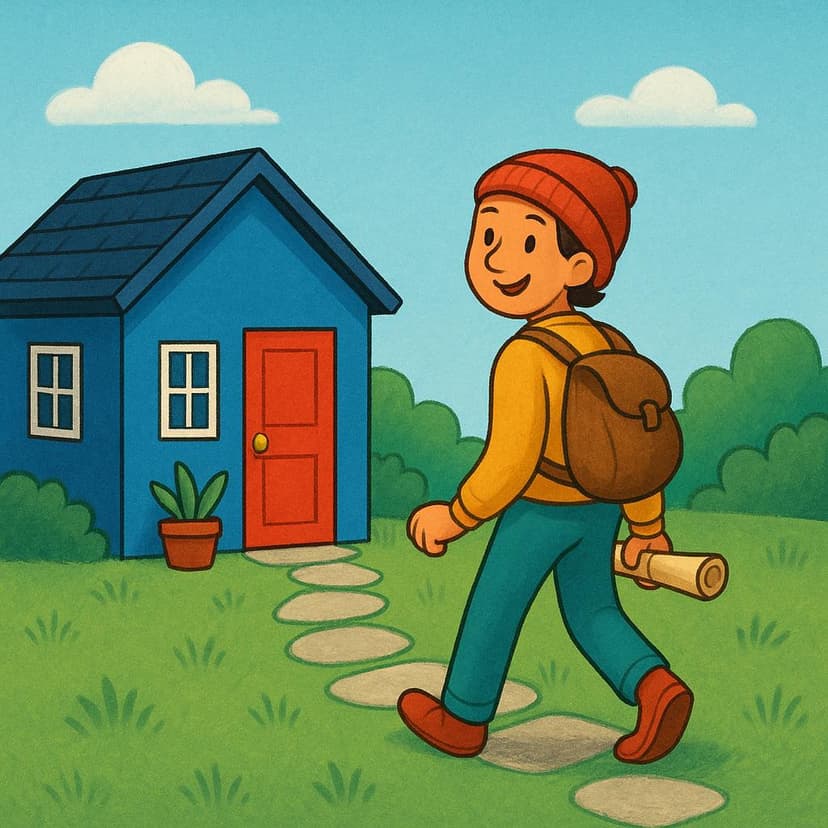A cheerful traveler walks down a path, moving away from a small, cozy blue house with a bright red door. The traveler turns their head to look back at the house as they depart.