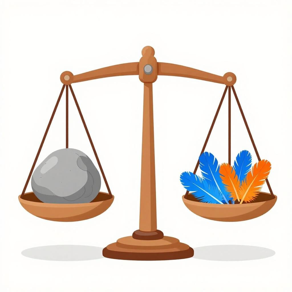 Eine hölzerne Balkenwaage mit einem schweren grauen Stein auf der einen Seite und einem Haufen bunter Federn auf der anderen, perfekt im Gleichgewicht.