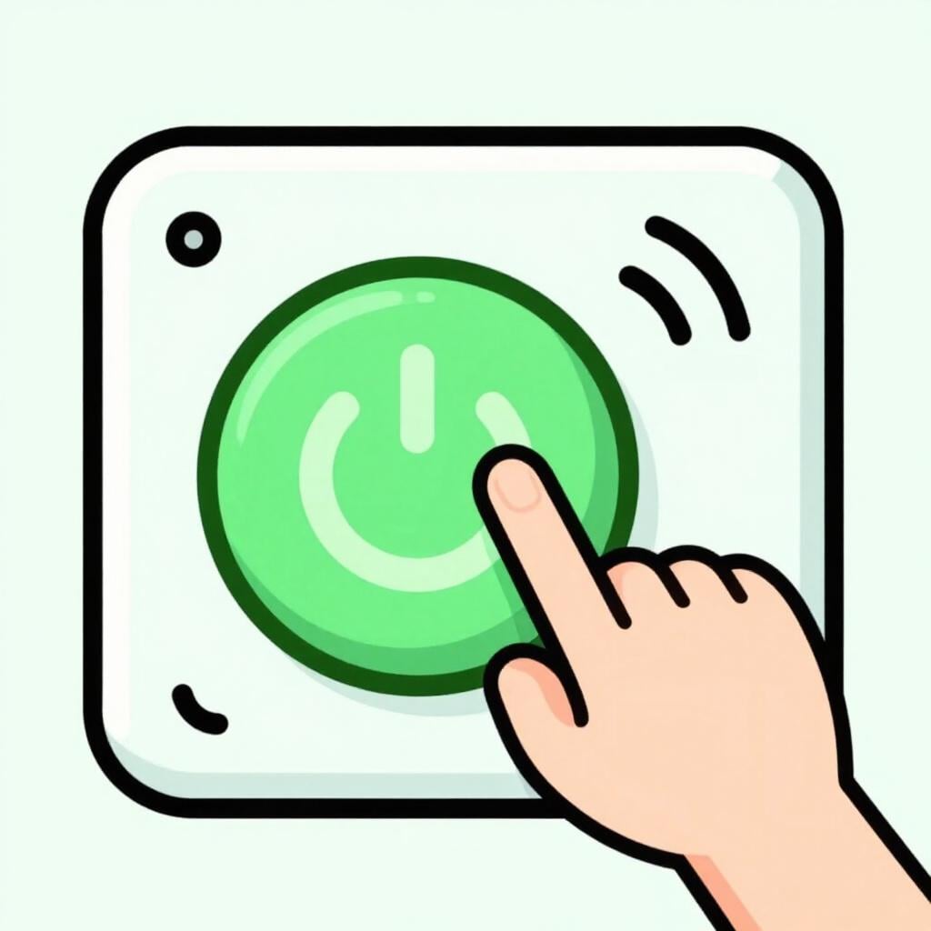 A cartoon index finger pressing a large, illuminated green power button on a simple, square radio.