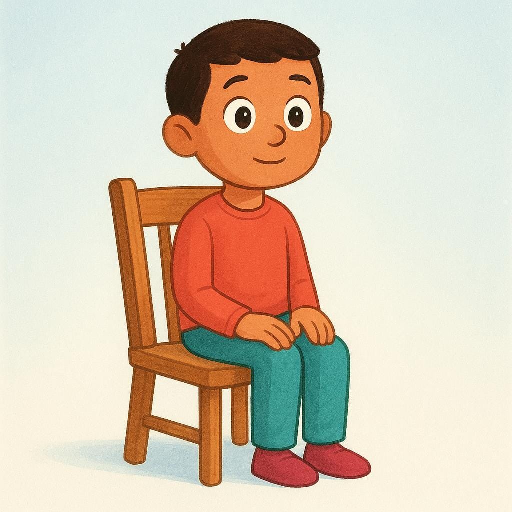 Eine aufrecht in einem bequemen Stuhl sitzende Figur, die Augen weit geöffnet und wachsam, was Wachheit und Bewusstsein anzeigt.