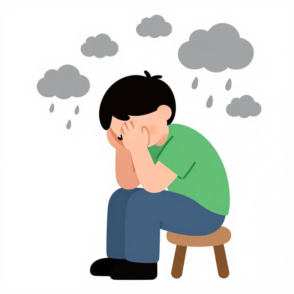 A sad-looking person sitting on a small wooden stool with their head in their hands, surrounded by floating storm clouds.