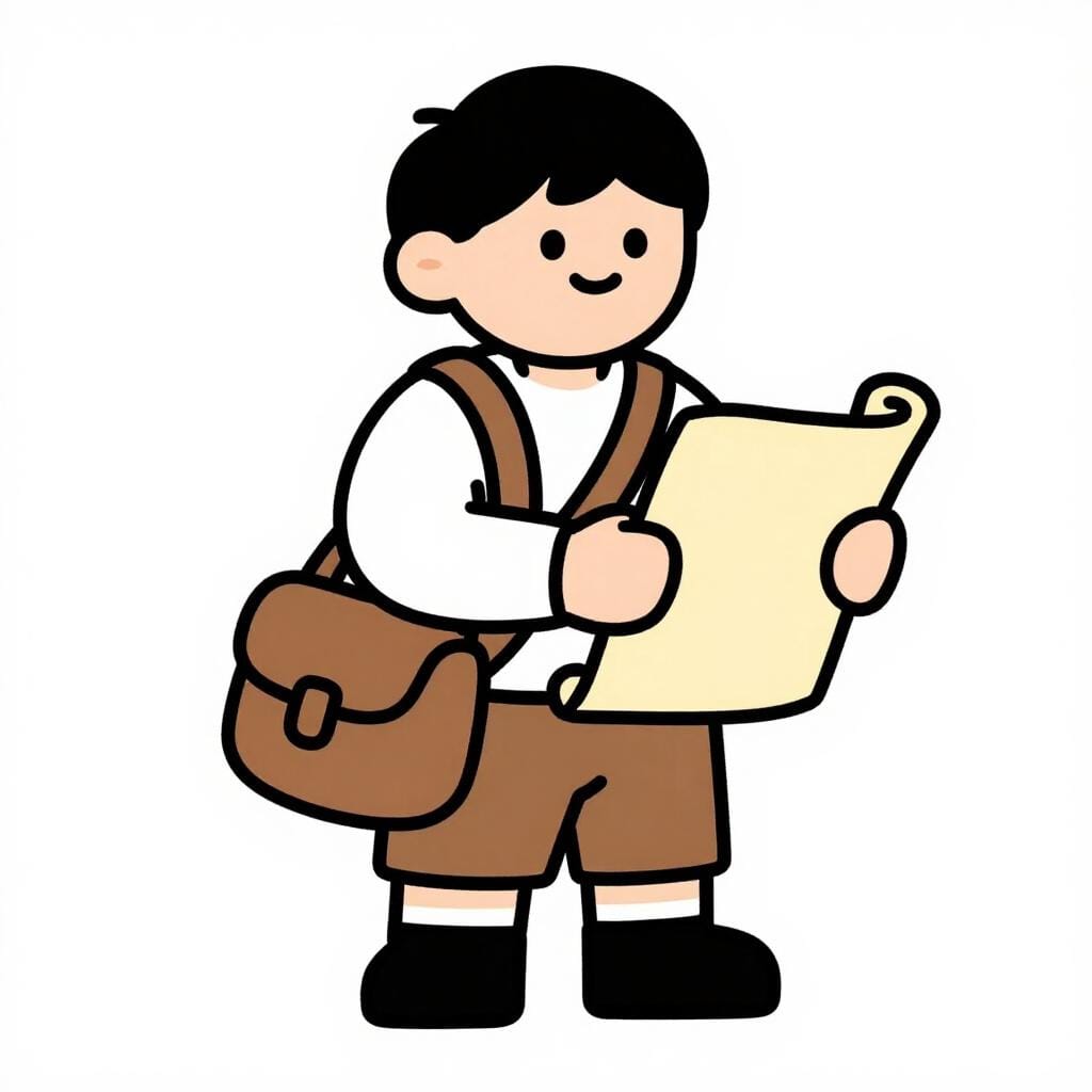 여행을 떠날 준비가 된 사람을 묘사하는, 두루마리와 가방을 든 사람.