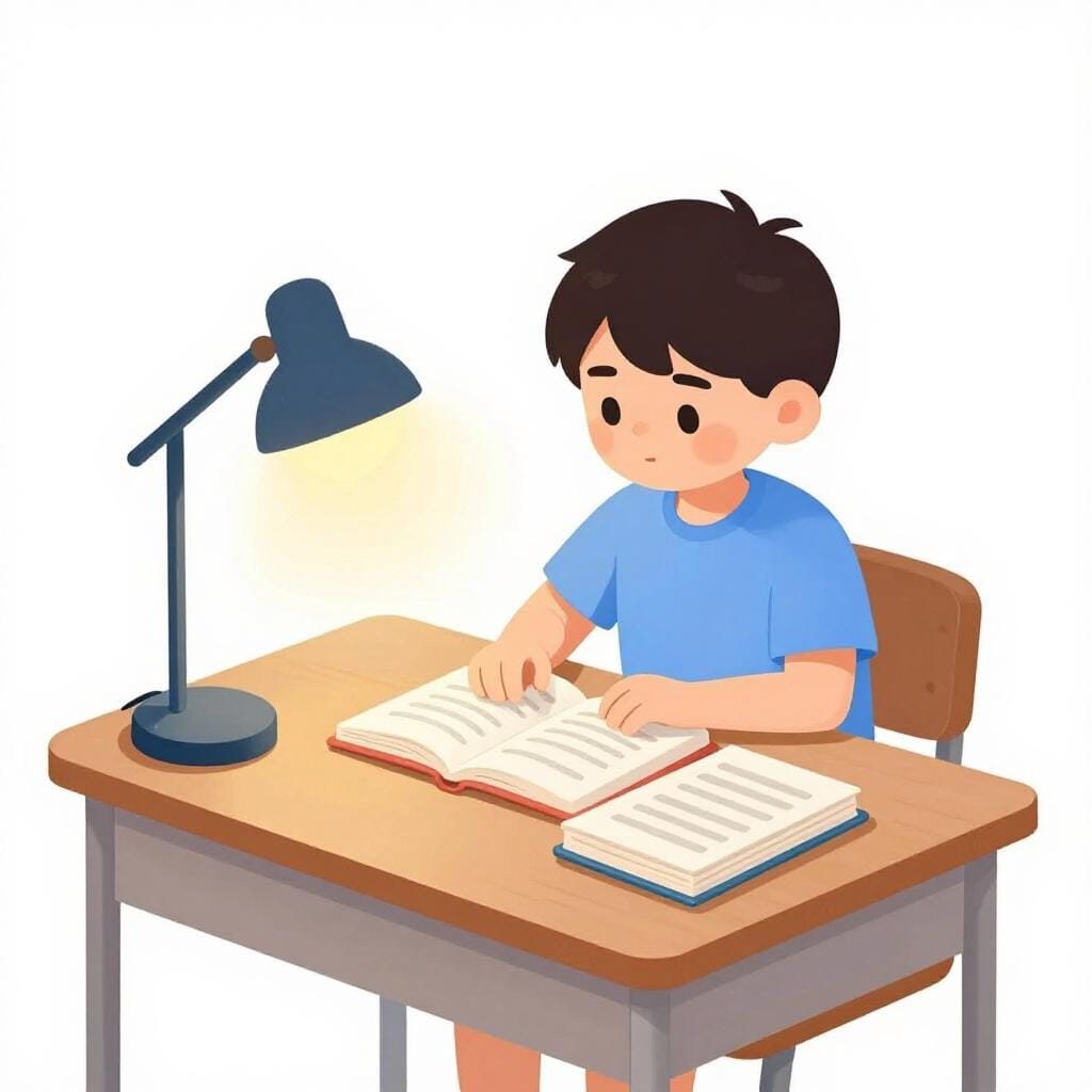 A person sitting at a desk piled high with books, focused intensely on reading.