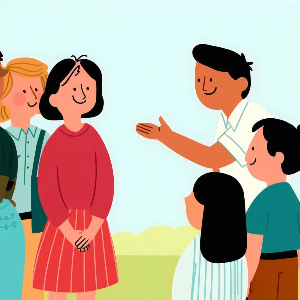 A woman being introduced by another person pointing toward her, illustrating the concept of being 'called' or 'named.'