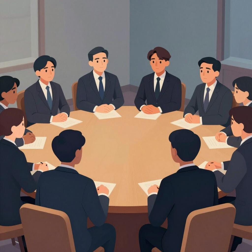 A group of people in suits sitting around a large wooden table in a serious meeting.