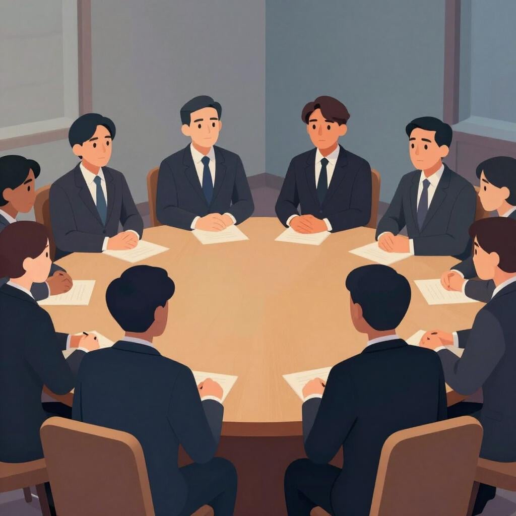 A group of people in suits sitting around a large wooden table in a serious meeting.