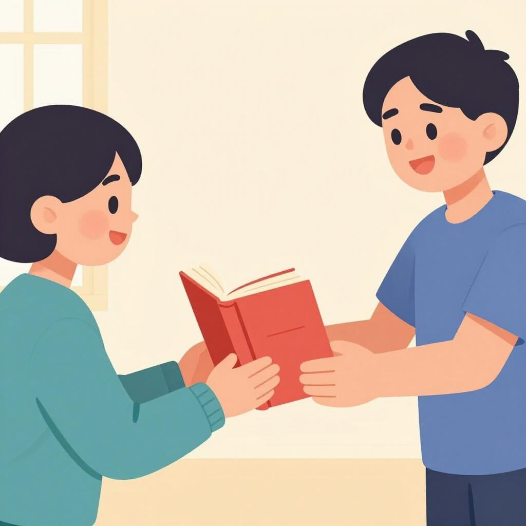 A friendly person handing a red book back to another person who is reaching out to receive it.