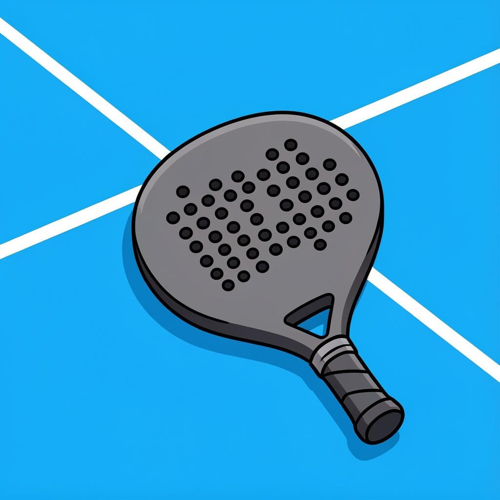A solid padel racket with a perforated surface lying on a blue sports court.