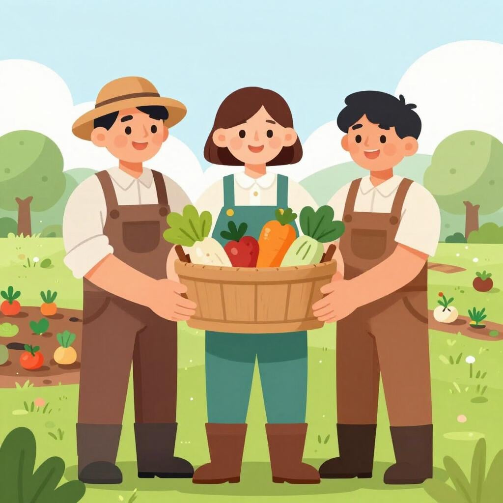 Um grupo de agricultores diversos em pé juntos num campo verdejante, segurando uma cesta de vegetais frescos que colheram juntos.