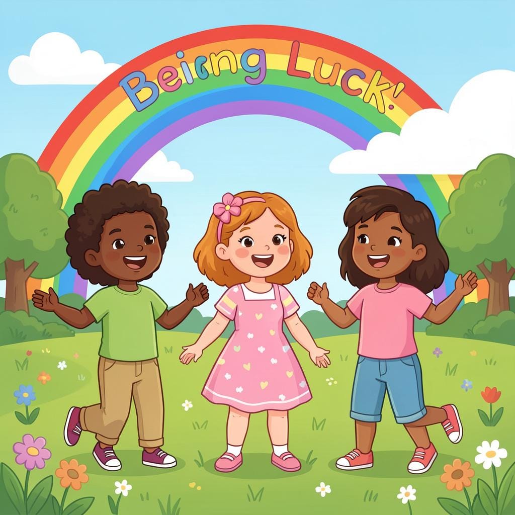 Een groep blije mensen die onder een heldere regenboog staan met een pot goud aan het einde.
