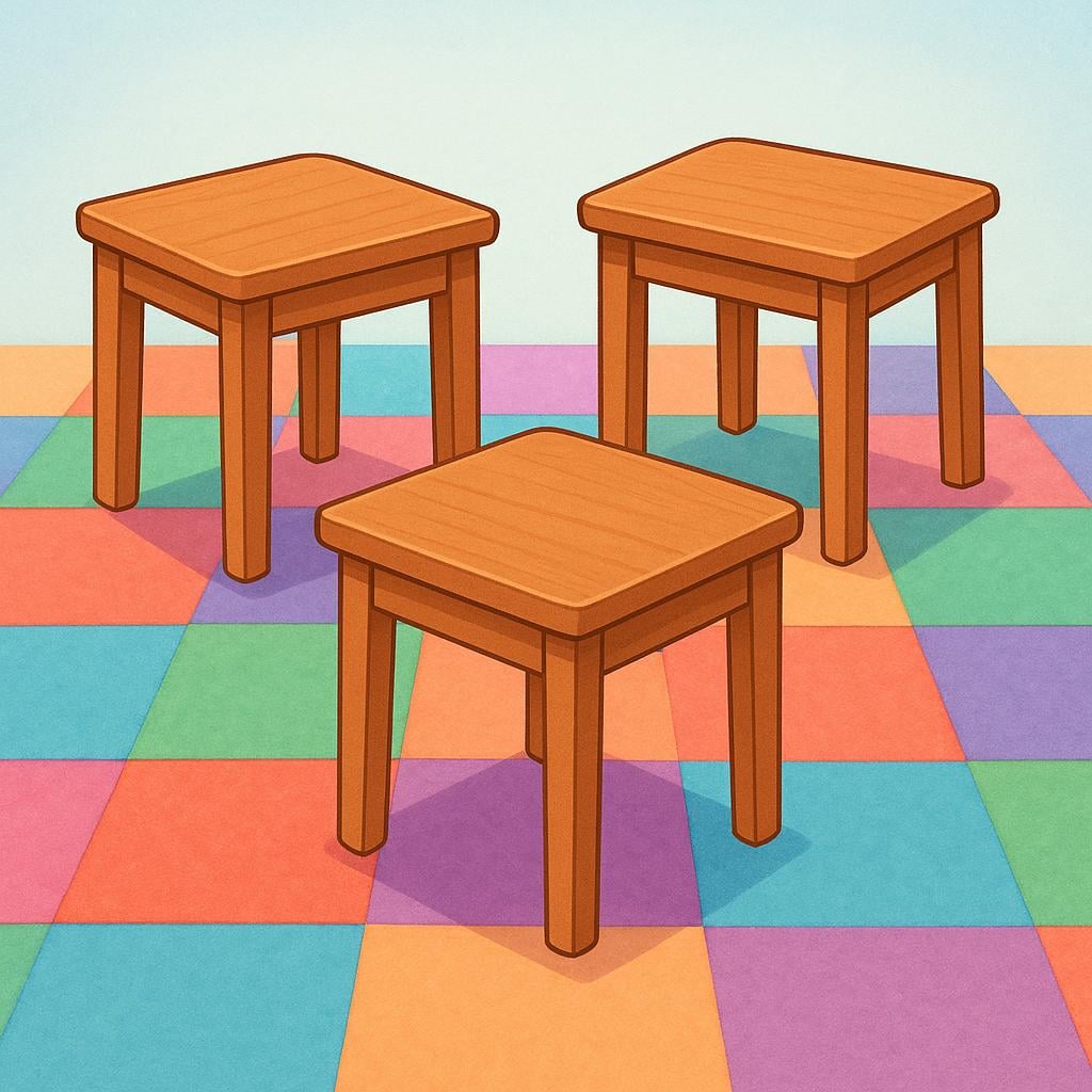 Three simple wooden tables of different heights, standing side by side on a colorful floor.