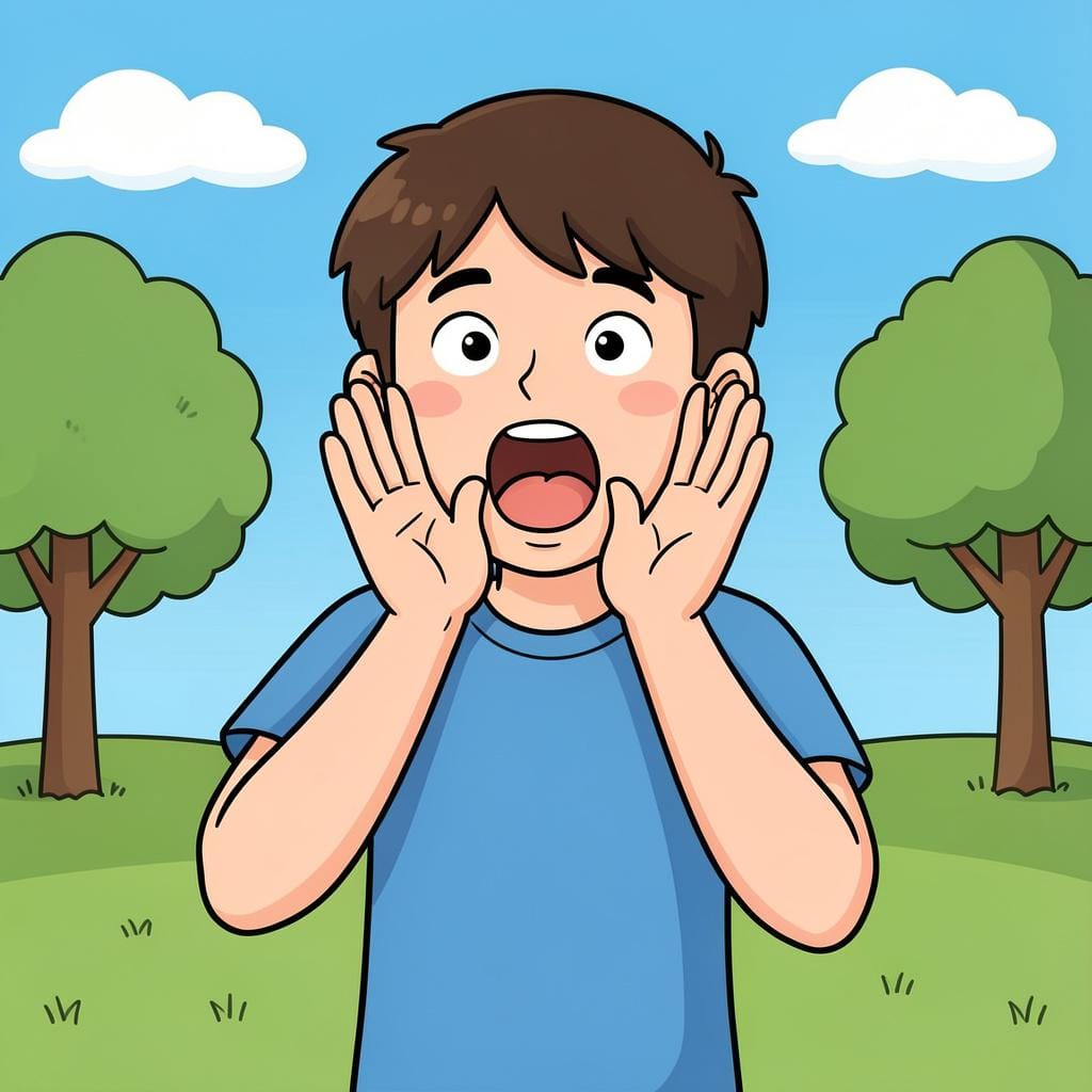 A person with their mouth wide open, hands cupped around it, appearing to shout loudly.