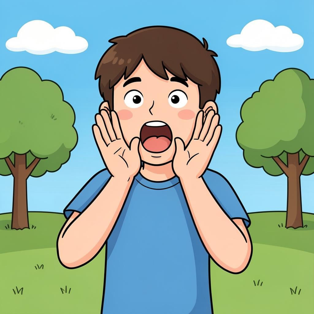 A person with their mouth wide open, hands cupped around it, appearing to shout loudly.