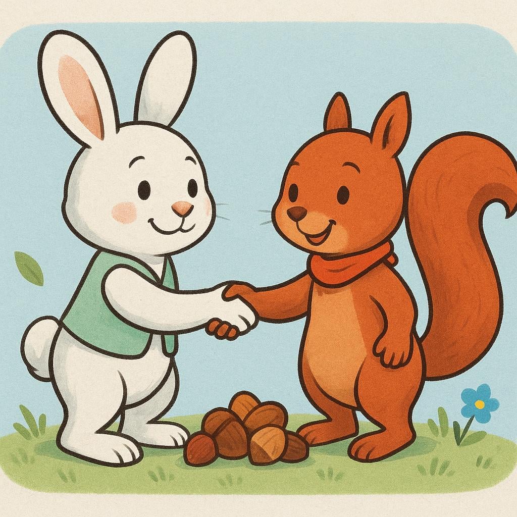 A rabbit and a squirrel smiling warmly and shaking hands over a small pile of nuts, symbolizing the resolution of a conflict.