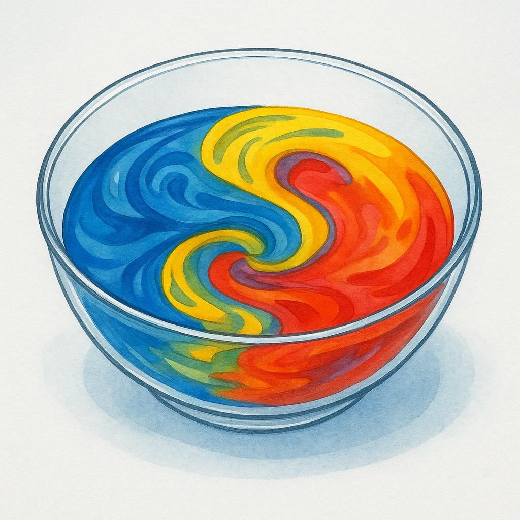 A close-up view of a clear glass bowl where blue, yellow, and red liquids are being mixed together, creating a colorful, swirling mixture.