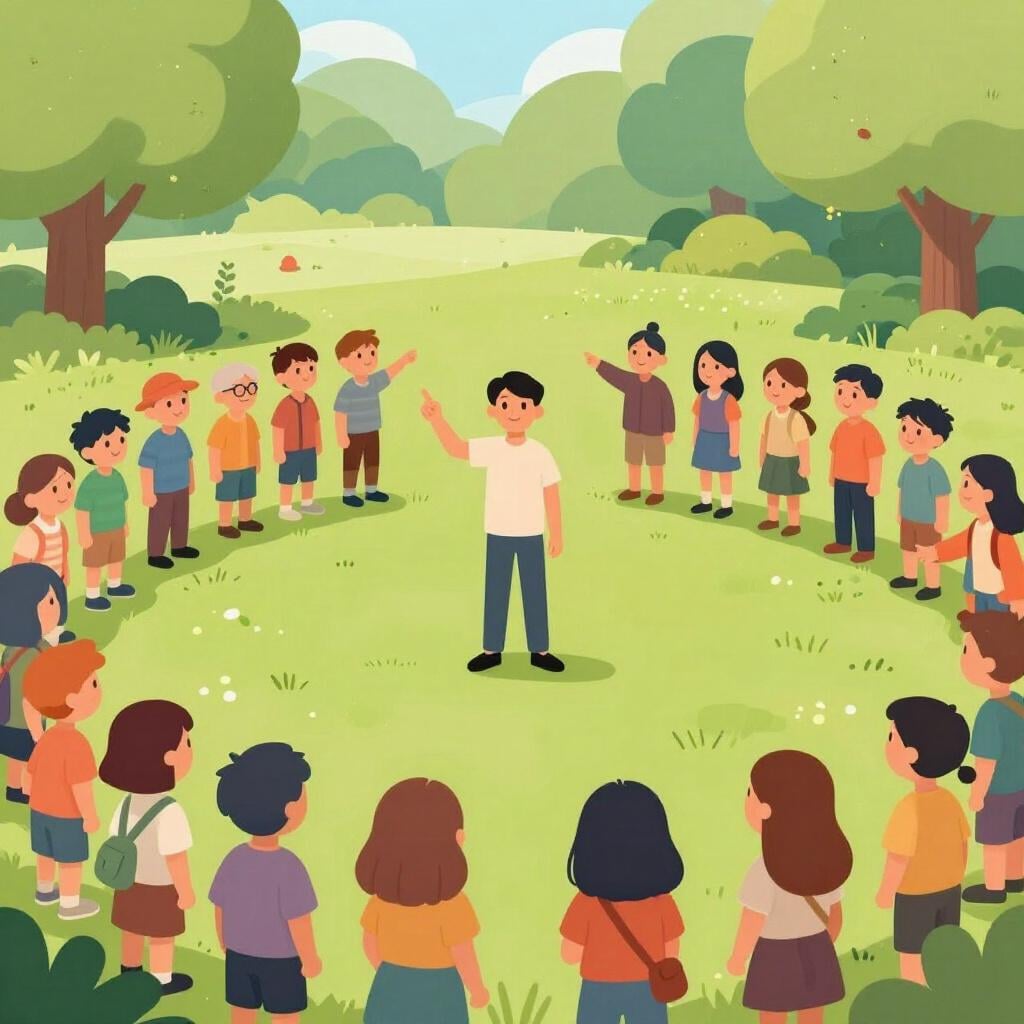 多くの人々が自分の方を指差している大きな円の中心に立つ人。