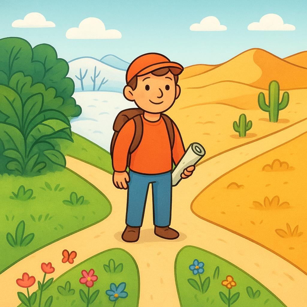 A cartoon traveler standing at a four-way intersection. Each path leads immediately into a distinctly different landscape: a snowy mountain, a sunny beach, a bustling city street, and a deep forest.