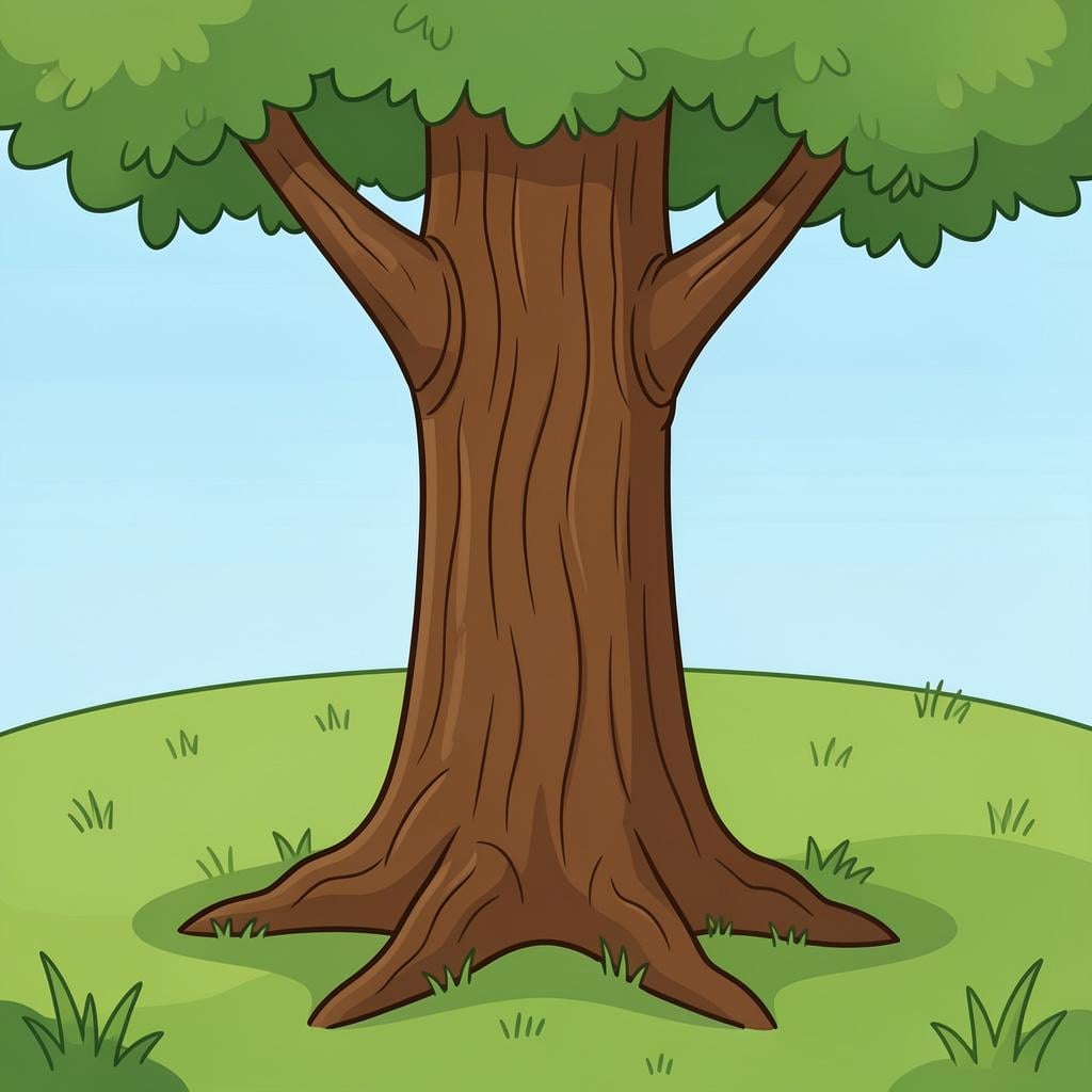 A thick brown tree trunk with rough bark standing alone in a grassy field.