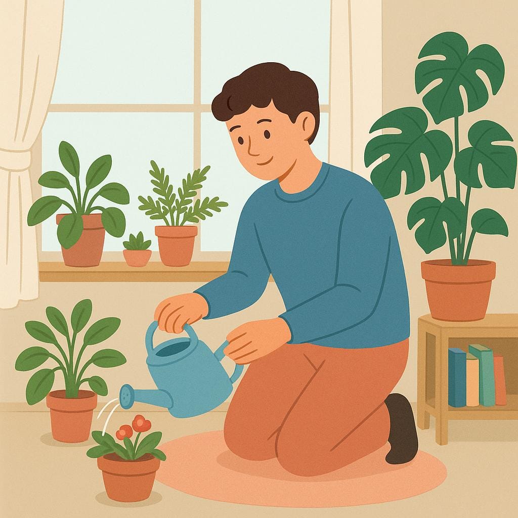 A person wearing an apron carefully watering several potted green plants with a small watering can, symbolizing the fulfilling of household duties and responsibilities.