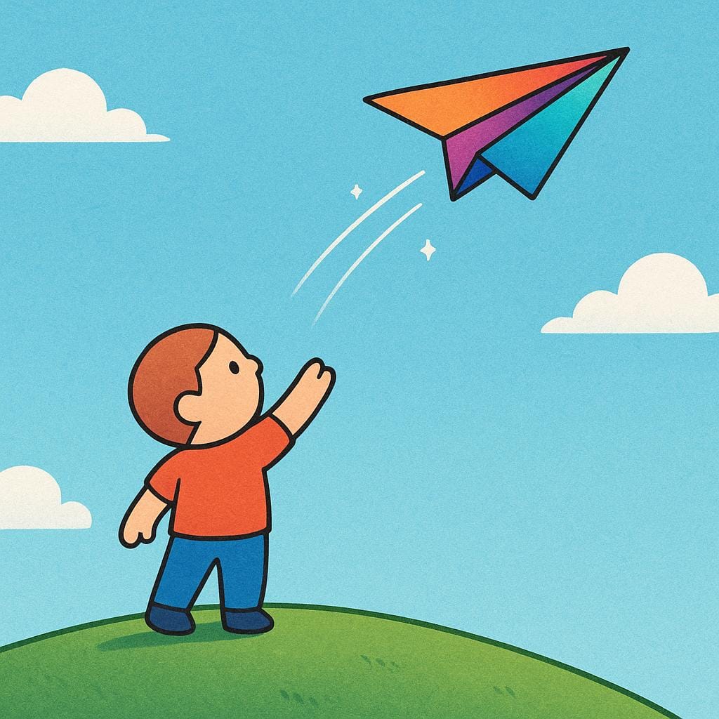 A stylized illustration of a cheerful figure standing on a green hill, throwing a brightly colored paper airplane high into the blue sky, symbolizing the act of sending.