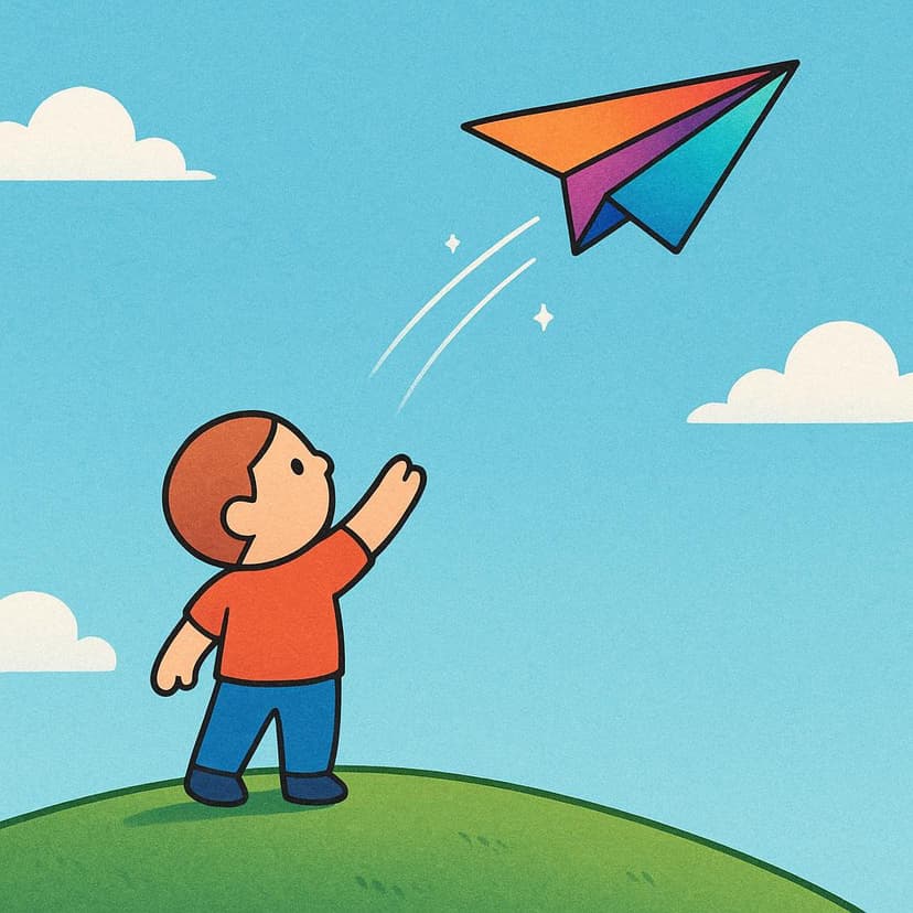 A stylized illustration of a cheerful figure standing on a green hill, throwing a brightly colored paper airplane high into the blue sky, symbolizing the act of sending.