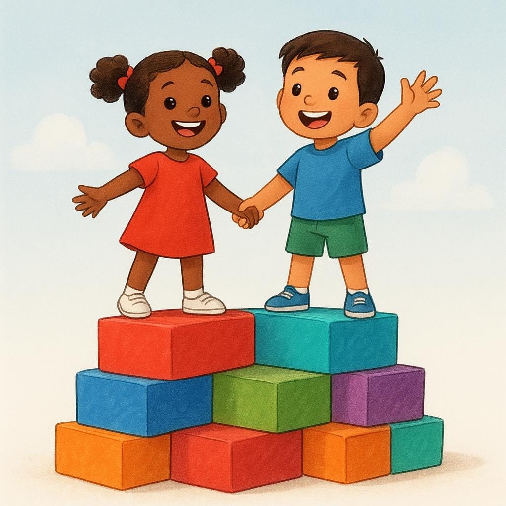 A high quality storybook illustration showing two joyful children holding hands and standing triumphantly on top of a tall, colorful stack of building blocks, symbolizing collective ability and success.