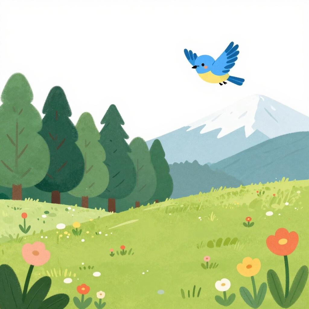 A small, colorful bird flying across a landscape that transitions from a sunny forest to a snowy mountain and then a grassy hill.