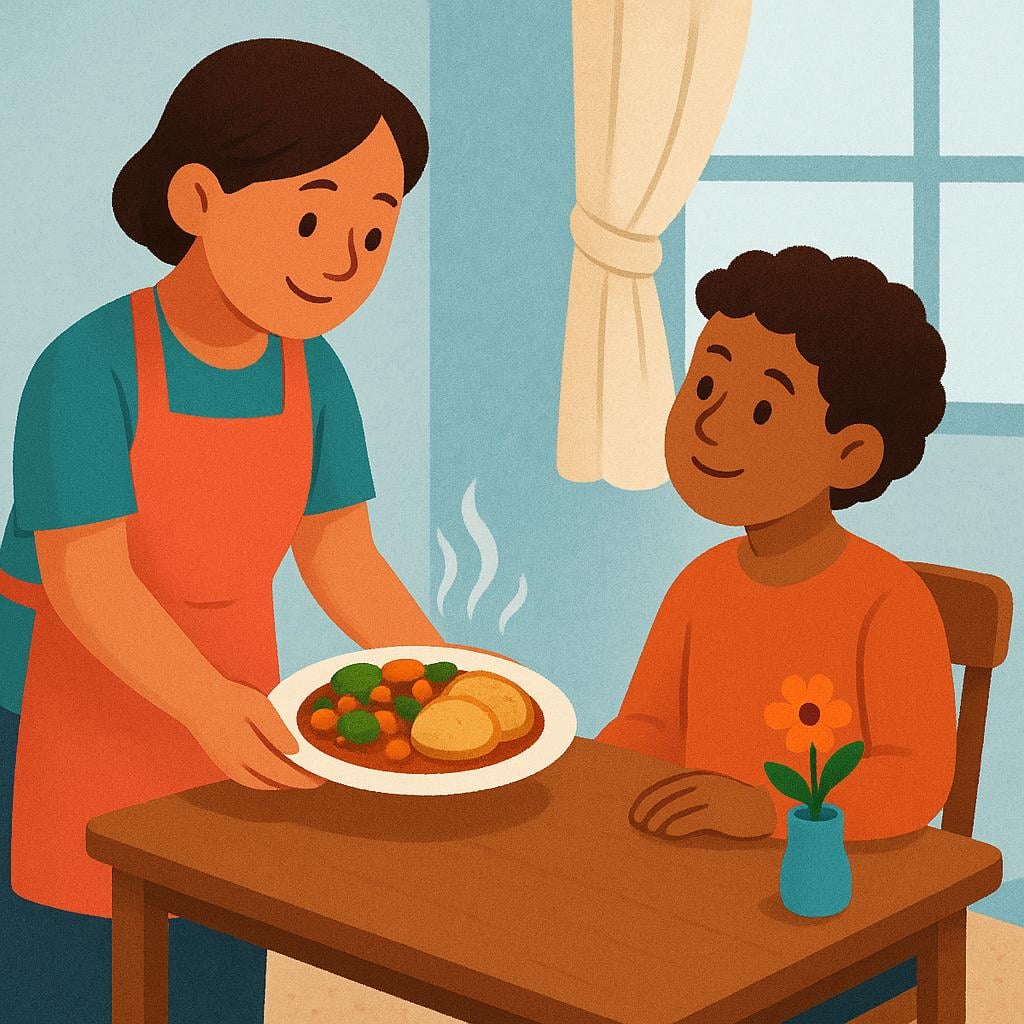 A person wearing an apron placing a steaming plate of pasta on a table for a friend.