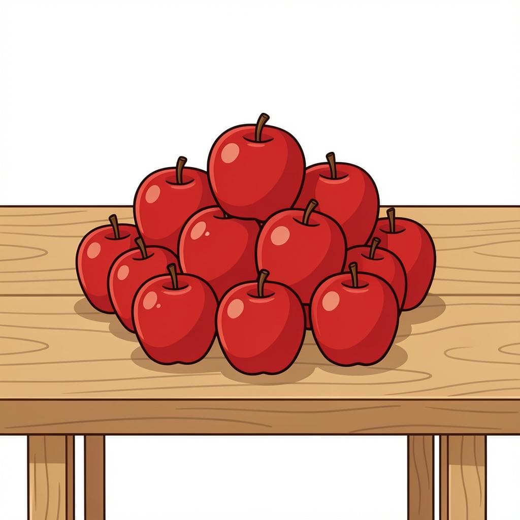 A colorful group of thirteen small, identical red apples arranged in a neat pile.