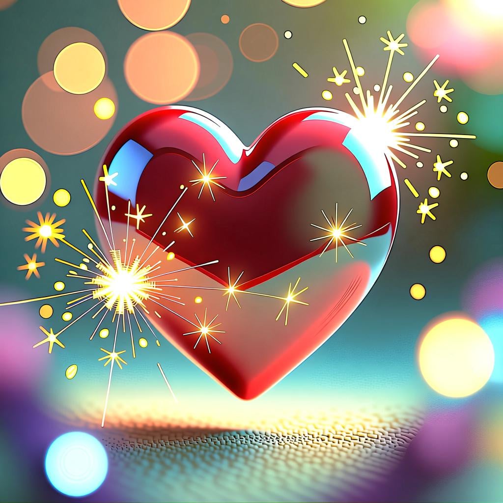 A bright, iconic red heart shape floating gently, surrounded by small golden sparkles and a soft, warm glow, symbolizing love and emotion.