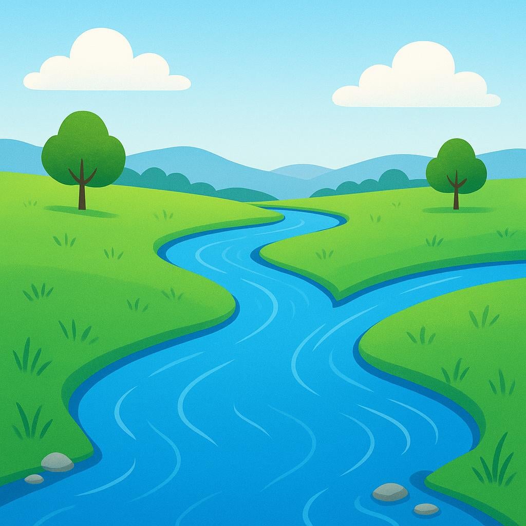 An overhead illustration showing a wide blue river dividing cleanly into two smaller branches or streams.