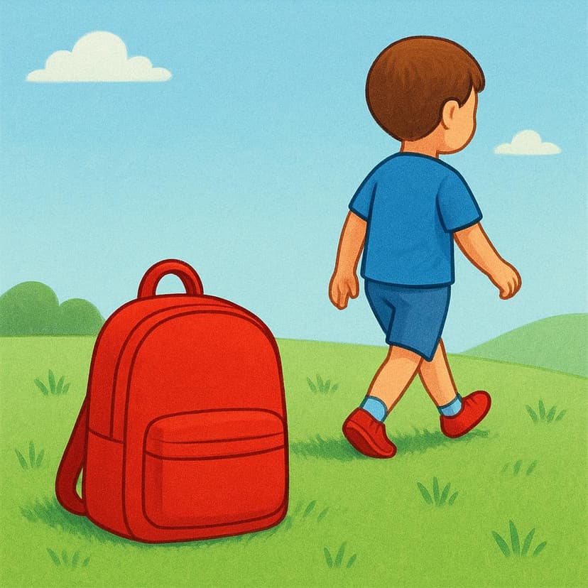 A child walking away from a bright red backpack left alone on the grass in a park setting.