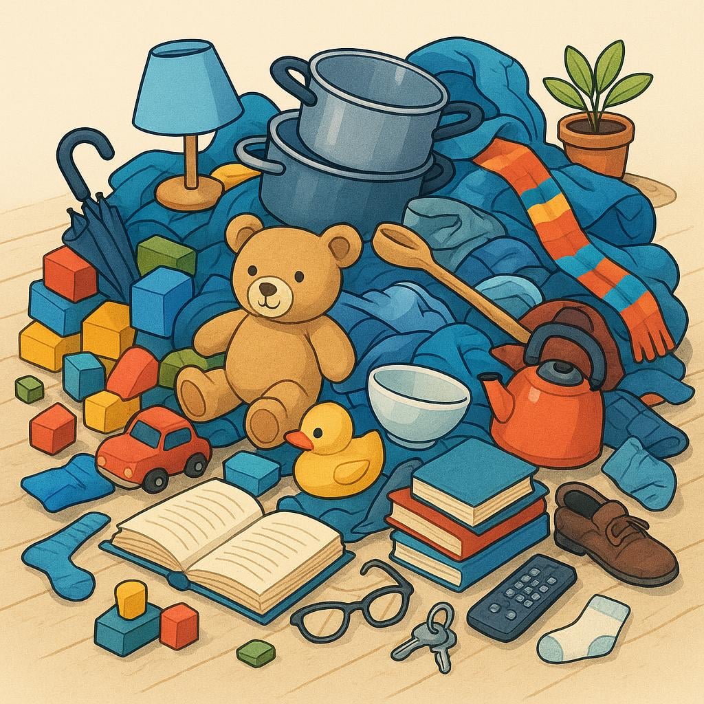 A chaotic, colorful illustration showing a massive, disorganized pile of unrelated household objects including toys, books, and clothes tangled together in a huge heap on the floor.
