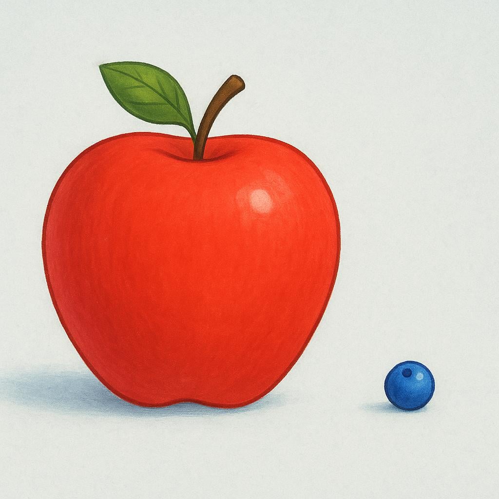 A very large, shiny red apple placed right next to a tiny blue berry, emphasizing the difference in size for comparison.