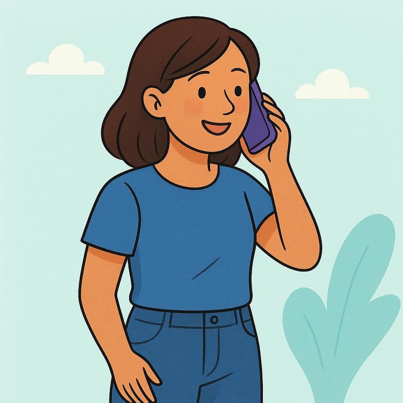 A woman smiling while holding a smartphone to her ear, indicating a completed phone call.